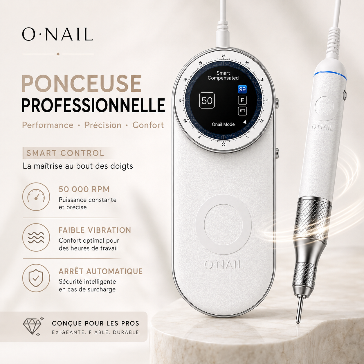 ONAIL - Ponceuse professionnelle pour prothésistes ongulaires avec Smart Control, 50 000 RPM, faible vibration et arrêt automatique
